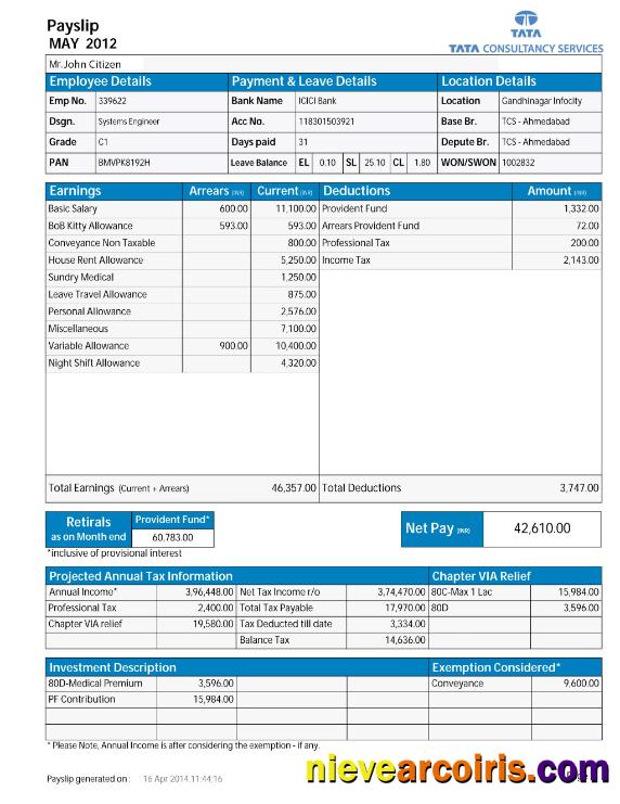 India TATA Consultancy Services payslip